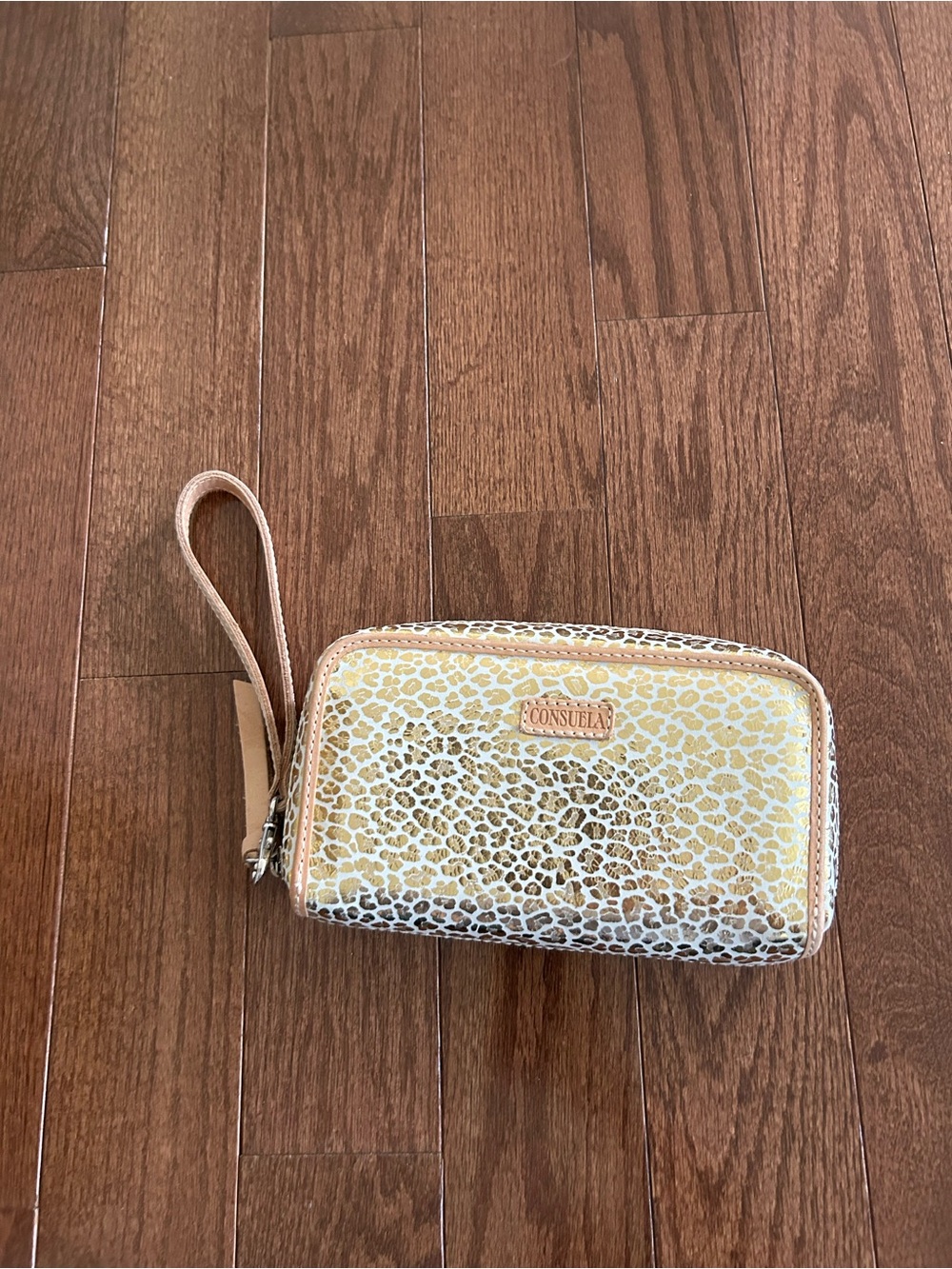 Consuela Gold Metallic Leopard Wristlet with Tan Strap